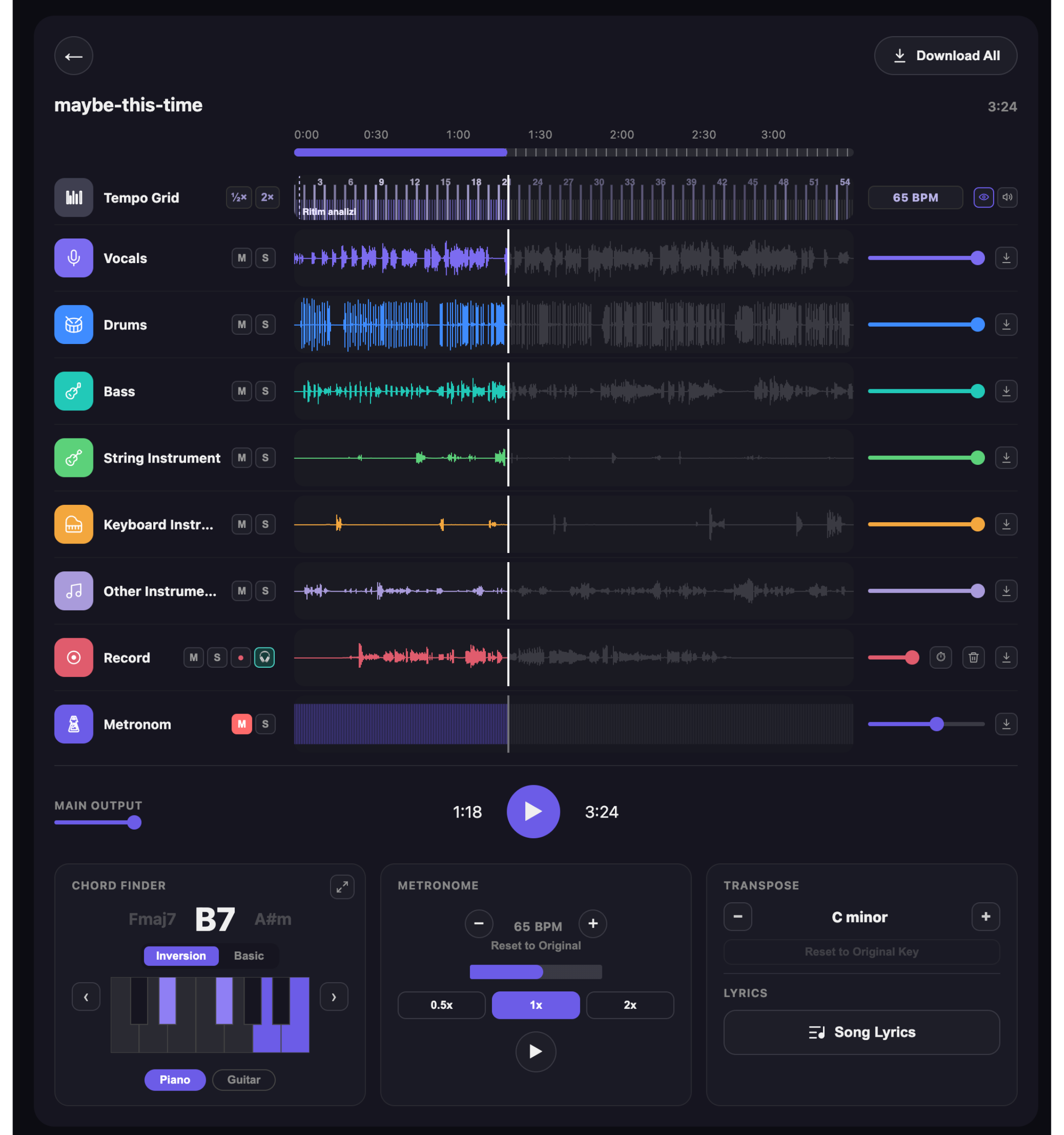 VoxoMix app screen showing a song separated into stems