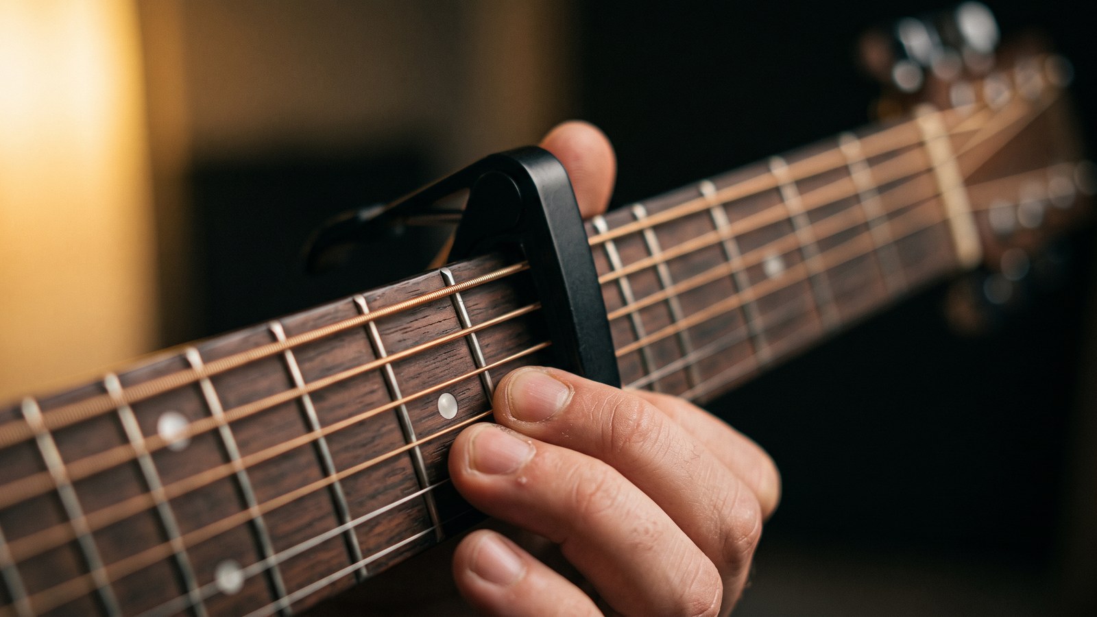 Akustik gitarın sapında kapo ve perdeler; yarım ses adımlarının perde üzerindeki karşılığını gösteren yakın çekim