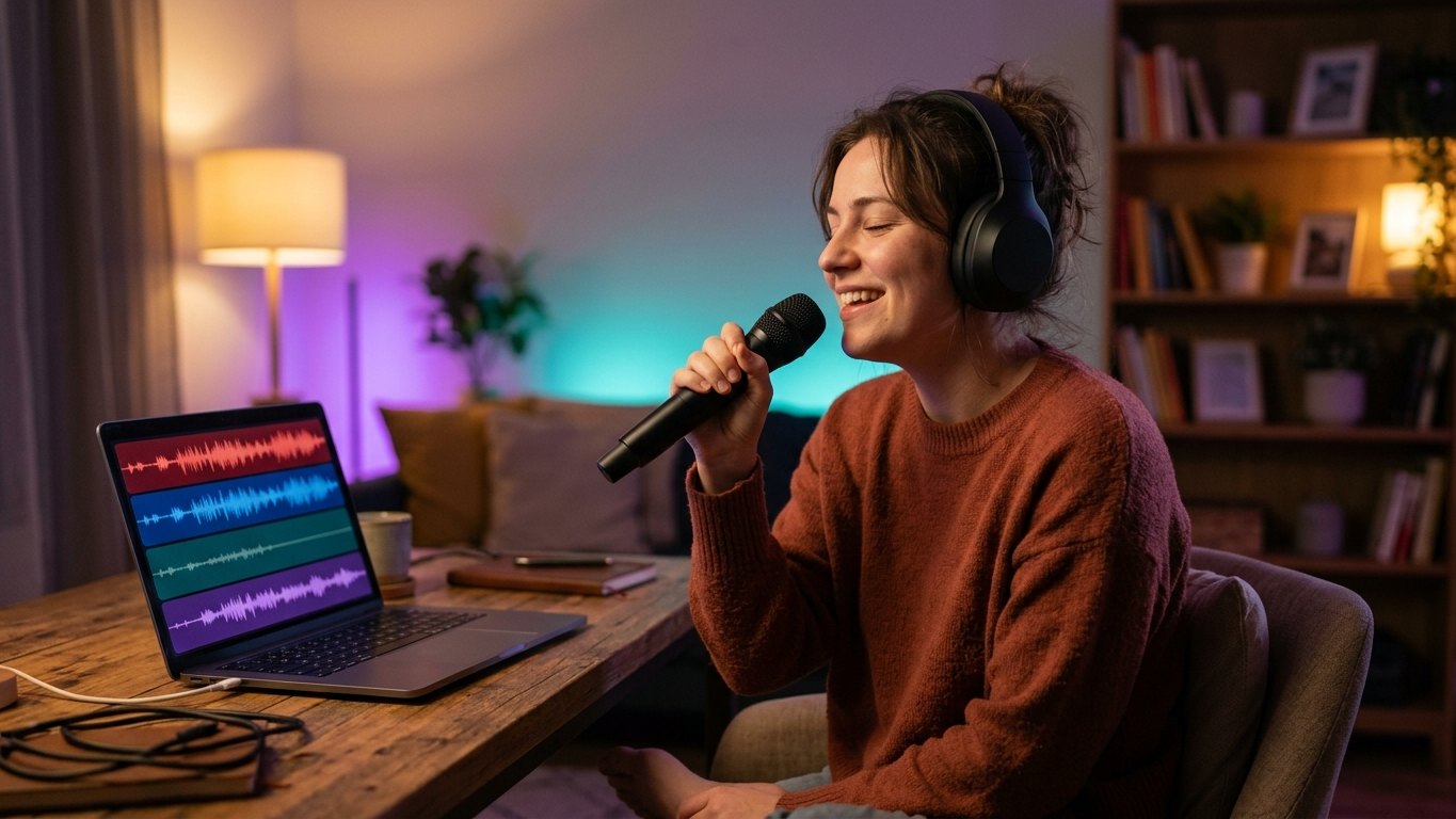 Eine Person singt zu Hause mit Kopfhörern und Mikrofon, vor ihr auf dem Computerbildschirm ein Song, der in einzelne Spuren aufgeteilt ist
