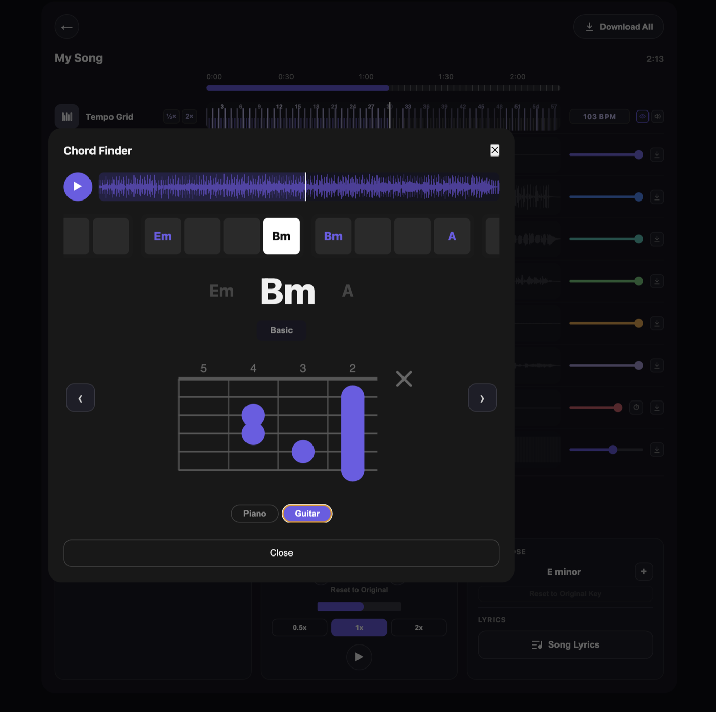 Akkordfinder von VoxoMix mit einem Bm-Barré-Akkord auf dem Gitarrengriffbrett, die Fingerpositionen markiert, darüber eine Akkord-Zeitleiste mit der Abfolge Em–Bm–A und einem Klavier-/Gitarrenschalter