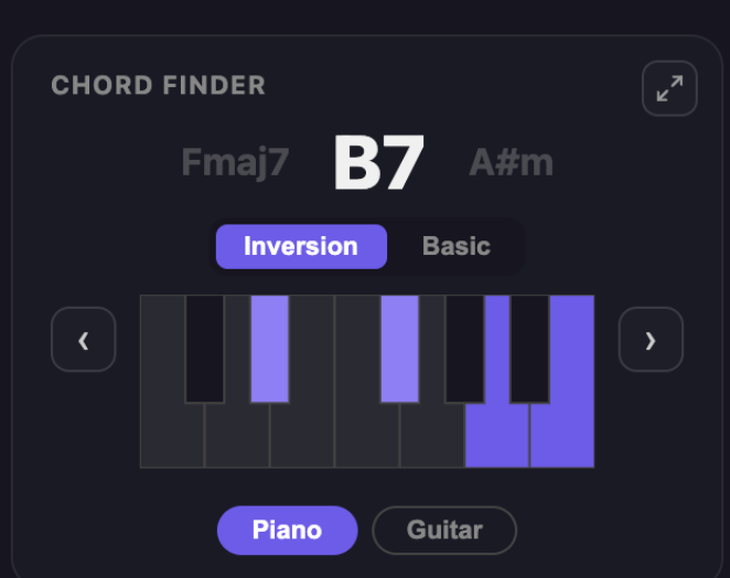 Ricerca accordi di VoxoMix: l'accordo suonato mostrato in grande come B7, gli accordi precedente e successivo accanto, le note evidenziate su una tastiera di pianoforte e un selettore tra posizioni di piano e di chitarra