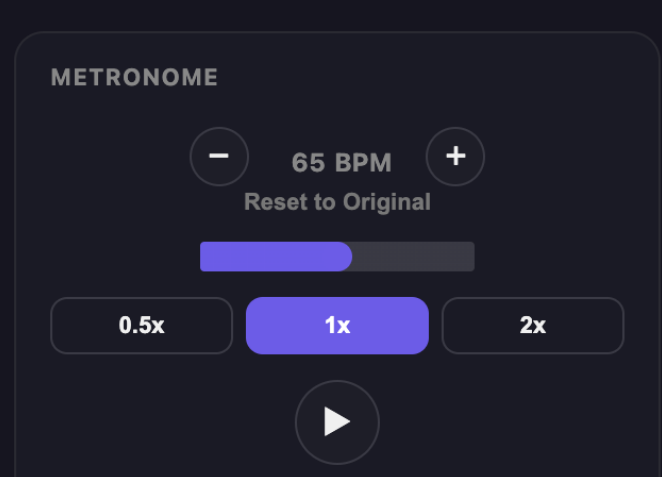 Pannello metronomo di VoxoMix: indicatore 65 BPM con pulsanti più e meno e opzioni di velocità 0,5x, 1x e 2x
