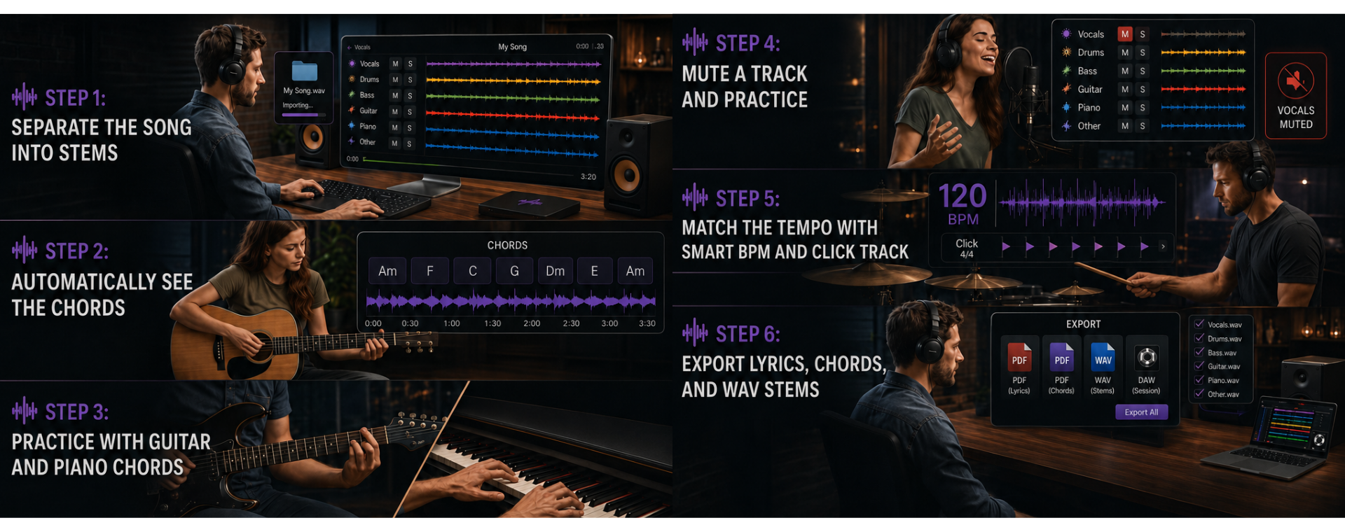 VoxoMix — how it works in 6 steps: separate the song into stems, automatically see the chords, practice with guitar and piano chords, mute a track and practice, match the tempo with smart BPM and click track, export lyrics chords and WAV stems